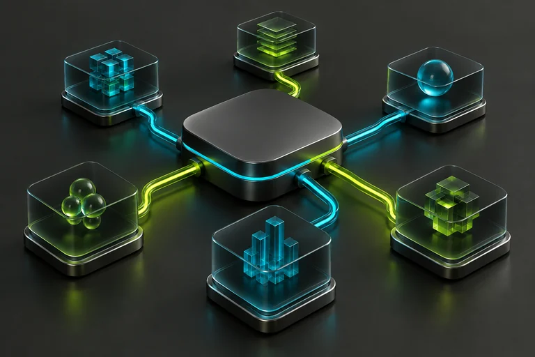 Ilustração de módulos digitais conectados por linhas azuis e verdes.